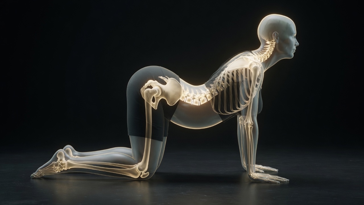 Yogi in cat-cow — spine visible through the body